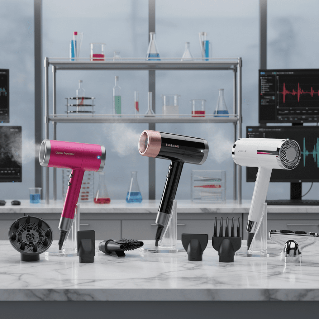 A high-end laboratory setup featuring the Dyson Supersonic, Shark HyperAIR, and JMW M5001A arranged on a marble countertop with soft studio lighting