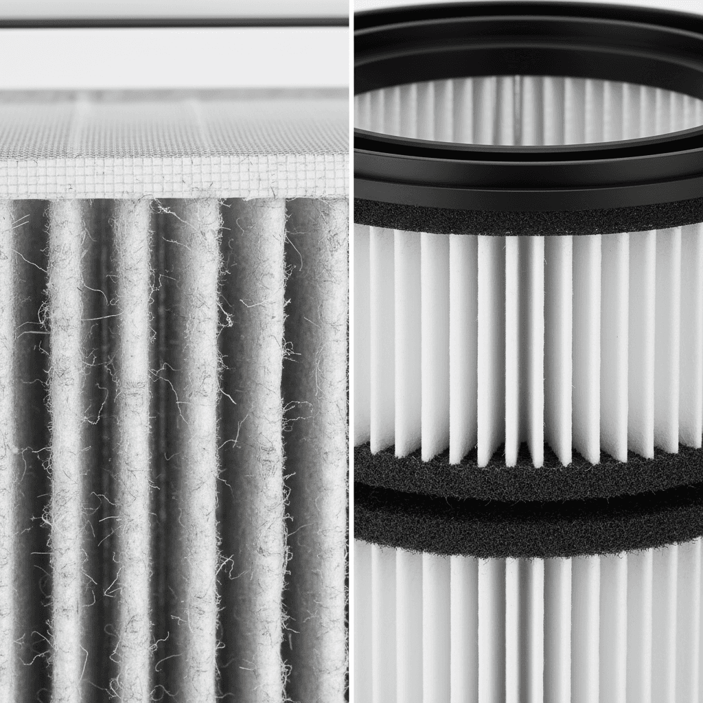 Macro shot of the filter fibers of the Coway Noble and LG PuriCare 360 Hit, showing the density and multi-layered structure of the HEPA filters