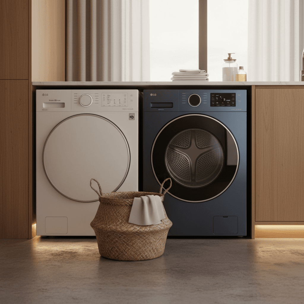 A high-end laundry room featuring the LG Tromm Object and Samsung Bespoke Dryer side-by-side, showcasing their sleek, minimalist designs under warm ambient lighting.