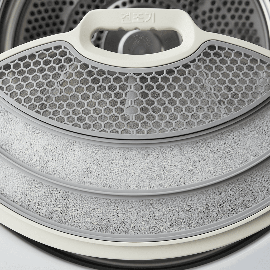 A detailed macro shot of the internal lint filter system of a dryer, showing the multi-layered mesh design for capturing micro-particles.