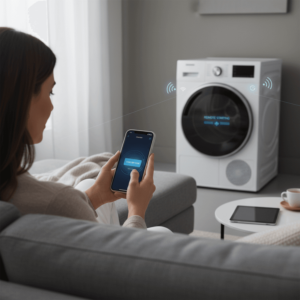 A person using a smartphone app to remotely start the dryer while sitting on a couch, illustrating the seamless integration of smart home technology.