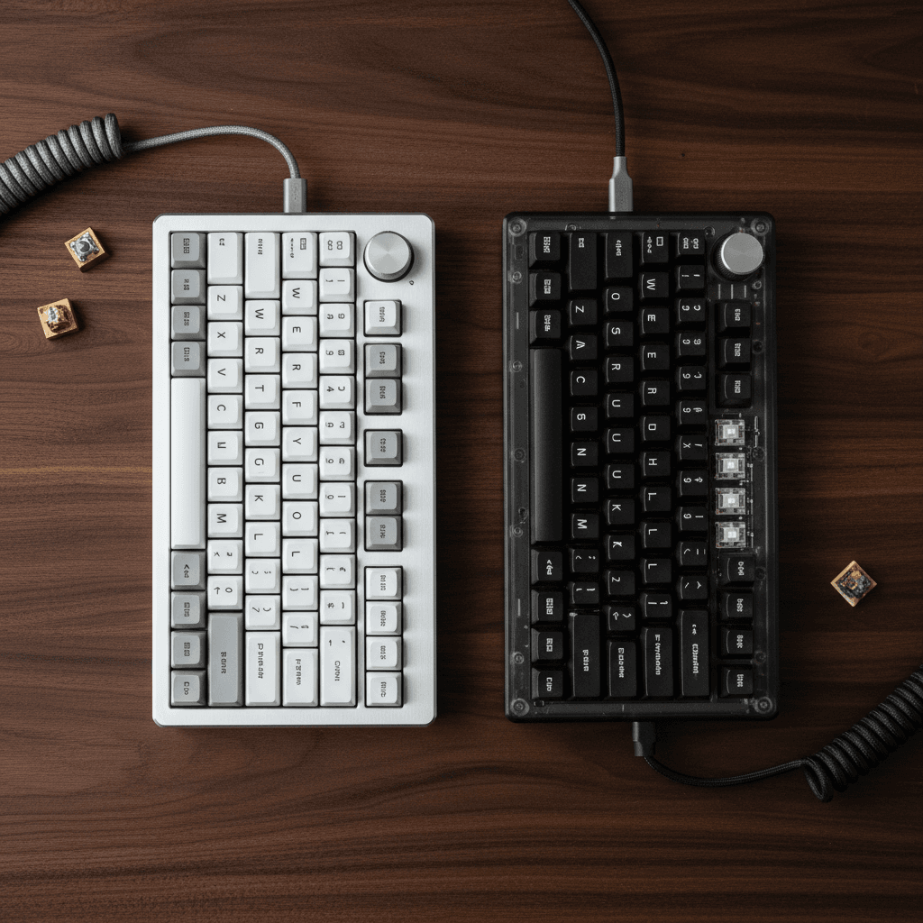 A high-angle shot of the Keychron Q1 Max and Keychron V1 side-by-side on a dark walnut desk, showcasing the contrast between the aluminum and plastic textures.