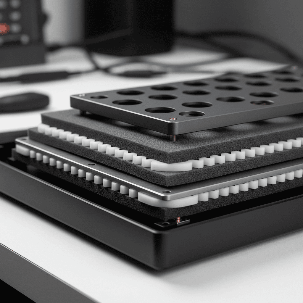 Close-up macro shot of the gasket mount structure inside the Keychron Q1 Max, revealing the intricate layers of poron foam and silicone gaskets.