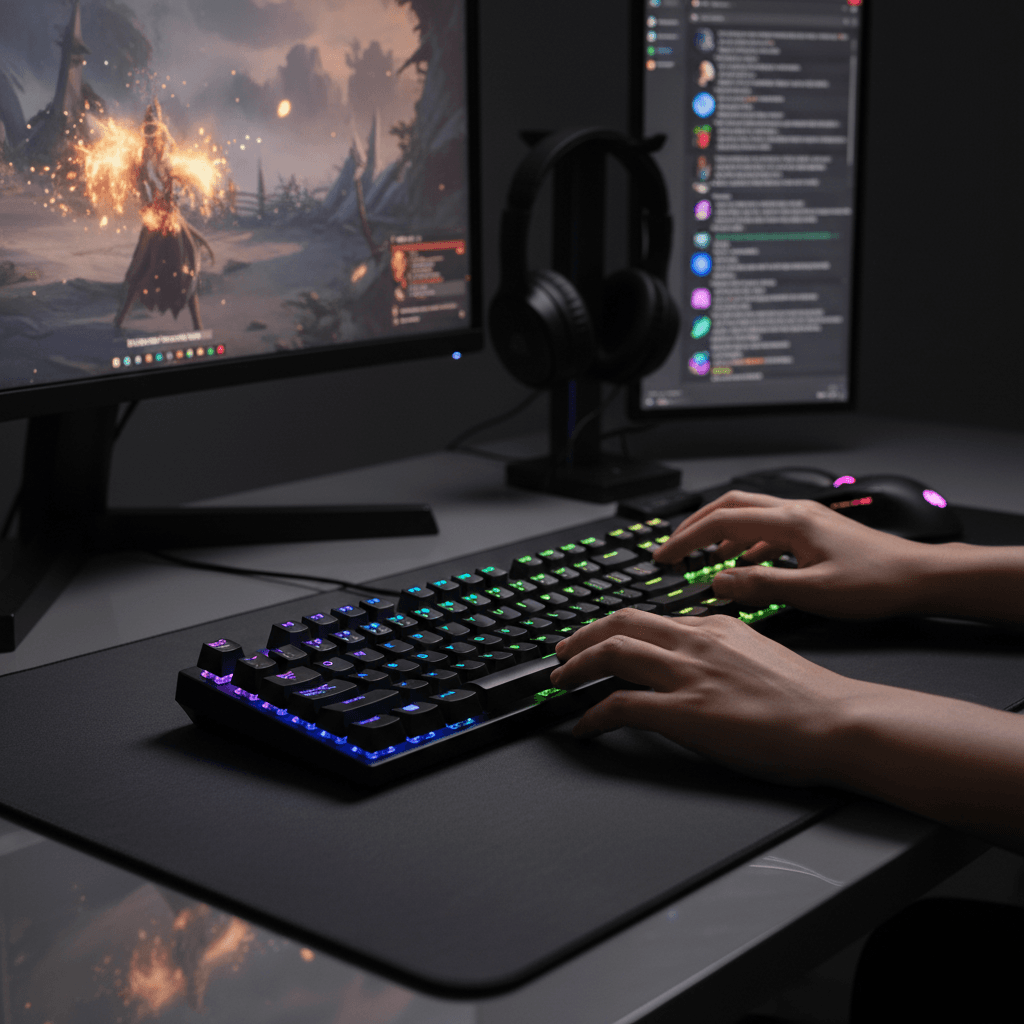 A person's hands typing on the Aula F87 Pro in a dimly lit gaming setup, with vibrant RGB lighting reflecting off the keycaps.